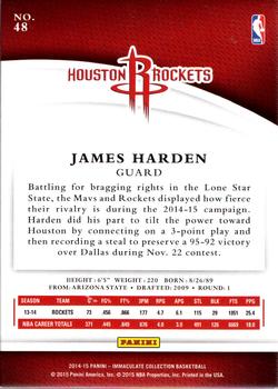 2014-15 Panini Immaculate Collection #48 James Harden Back