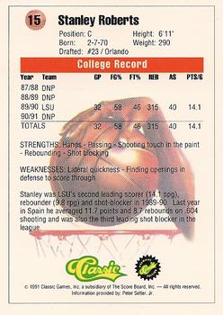 1991 Classic #15 Stanley Roberts  Back