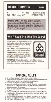 1988-89 Diamond Shamrock San Antonio Spurs #NNO David Robinson Back