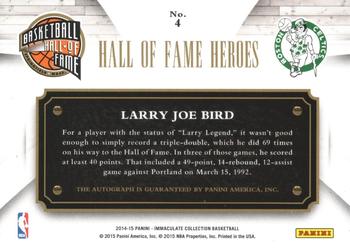 2014-15 Panini Immaculate Collection - HOF Heroes Autographs #4 Larry Bird Back