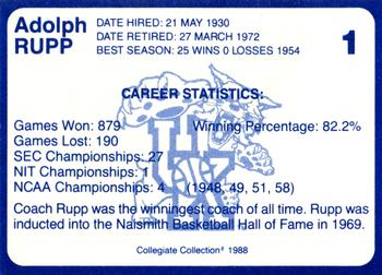 1988-89 Kentucky's Finest Collegiate Collection #1 Adolph Rupp Back