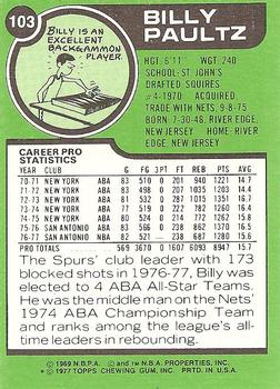 1977-78 Topps - White Backs #103 Billy Paultz Back