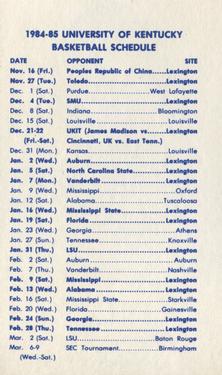 1984-85 Kentucky Wildcats Schedules #NNO Rob Lock Back