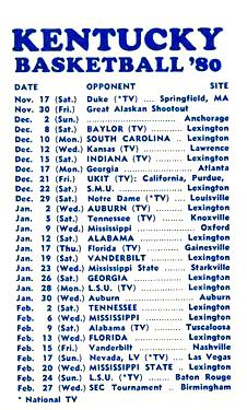 1979-80 Kentucky Wildcats Schedules #NNO Fred Cowan Back