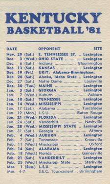 1980-81 Kentucky Wildcats Schedules #NNOa Derrick Hord Back