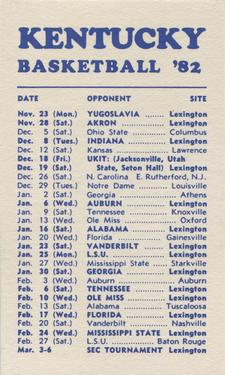 1981-82 Kentucky Wildcats Schedules #NNO Dicky Beal Back