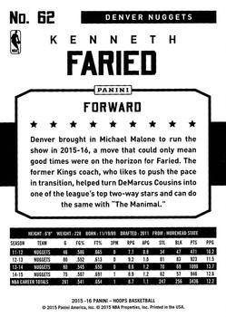 2015-16 Hoops - Silver #62 Kenneth Faried Back
