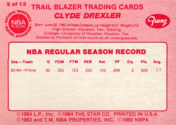 1984-85 Star Franz Portland Trail Blazers #5 Clyde Drexler Back