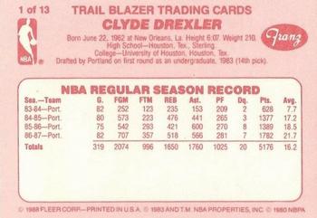 1987-88 Fleer Franz Portland Trail Blazers #1 Clyde Drexler Back
