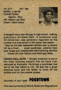 1978-79 Foodtown Kentucky Wildcats #7 Dwight Anderson Back