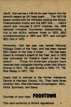 1978-79 Foodtown Kentucky Wildcats #19 Joe B. Hall Back