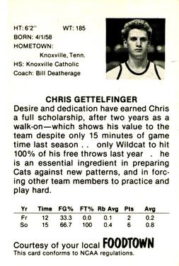 1979-80 Foodtown Kentucky Wildcats #5 Chris Gettelfinger Back