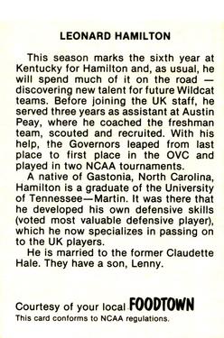 1979-80 Foodtown Kentucky Wildcats #16 Leonard Hamilton Back