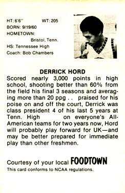 1979-80 Foodtown Kentucky Wildcats #13 Derrick Hord Back