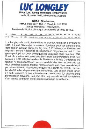 1991-93 5 Majeur Magazine France #NNO Luc Longley Back