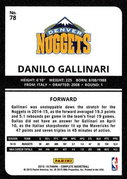 2015-16 Panini Complete #78 Danilo Gallinari Back