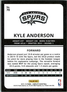 2015-16 Panini Complete - Silver #70 Kyle Anderson Back