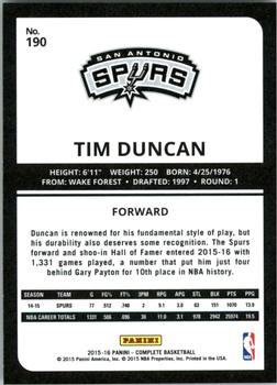 2015-16 Panini Complete - Silver #190 Tim Duncan Back
