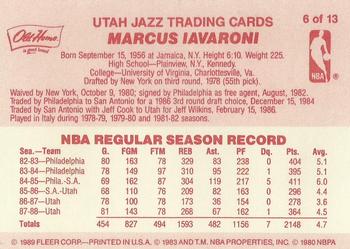 1988-89 Fleer Old Home Bread Utah Jazz #6 Marc Iavaroni Back