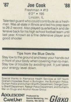1987-88 Duke Blue Devils #NNO Joe Cook Back