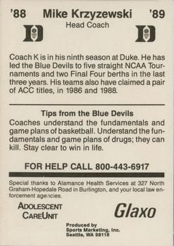 1988-89 Duke Blue Devils #NNO Mike Krzyzewski Back