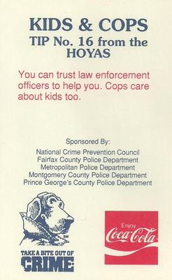 1992-93 Georgetown Hoyas Police #16 Jack the Bulldog / McGruff the Crime Dog Back
