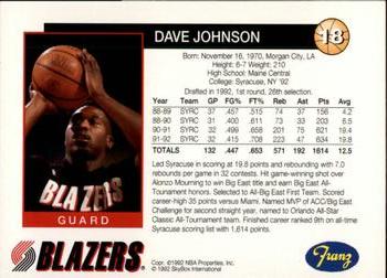 1992-93 Franz Portland Trail Blazers #18 Dave Johnson Back