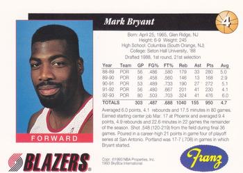 1993-94 Franz Portland Trail Blazers #4 Mark Bryant Back