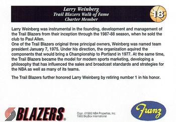 1993-94 Franz Portland Trail Blazers #18 Larry Weinberg Back