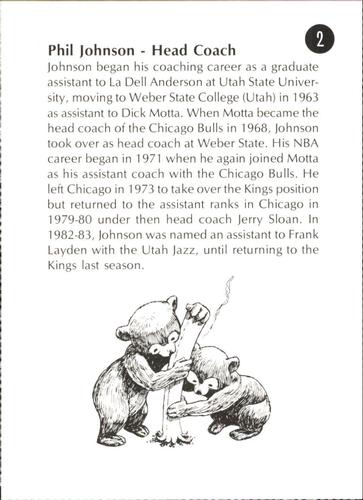 1985-86 Sacramento Kings Smokey #2 Phil Johnson Back