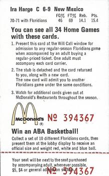 1971-72 McDonalds Miami Floridians #NNO Ira Harge Back