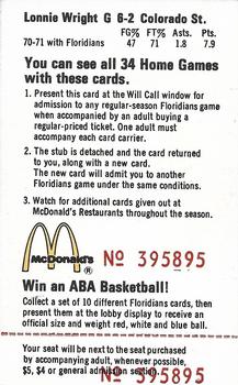 1971-72 McDonalds Miami Floridians #NNO Lonnie Wright Back