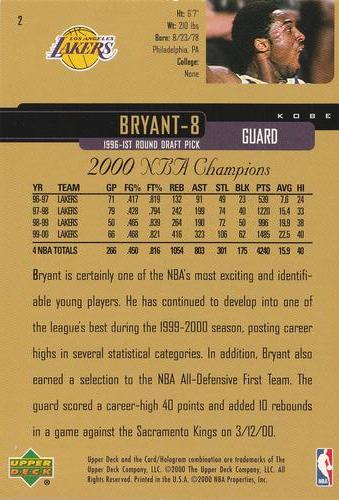 2000 Upper Deck Los Angeles Lakers Championship Jumbos #2 Kobe Bryant Back