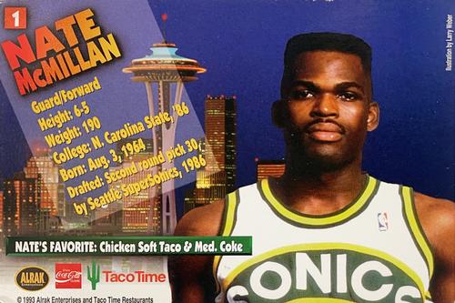 1993-94 Taco Time Seattle SuperSonics #1 Nate McMillan Back
