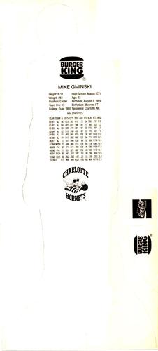 1992-93 Burger King Charlotte Hornets Standups #NNO Mike Gminski Back