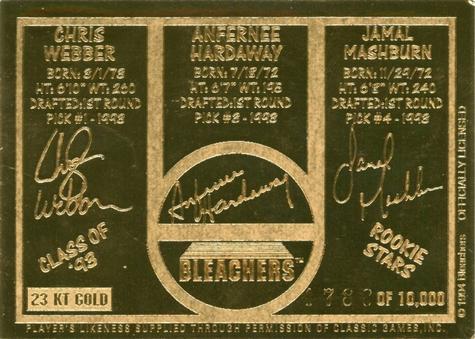 1994 Bleachers / Classic 23K All-Gold #4 Chris Webber / Anfernee Hardaway / Jamal Mashburn Back