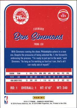 2016-17 Donruss #151 Ben Simmons Back