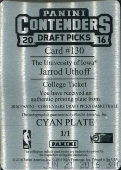 2016 Panini Contenders Draft Picks - College Ticket Autographs Printing Plates Cyan #130 Jarrod Uthoff Back