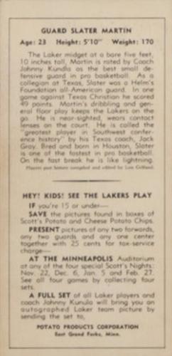 1950-51 Scott's Potato Chips Minneapolis Lakers #NNO Slater Martin Back