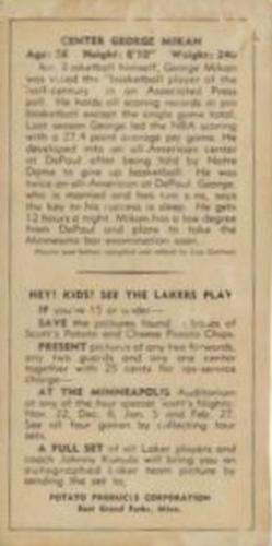 1950-51 Scott's Potato Chips Minneapolis Lakers #NNO George Mikan Back