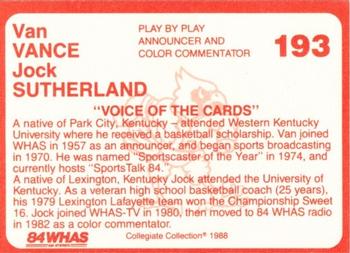 1988-89 Louisville Cardinals Collegiate Collection #193 Van Vance / Jock Sutherland Back