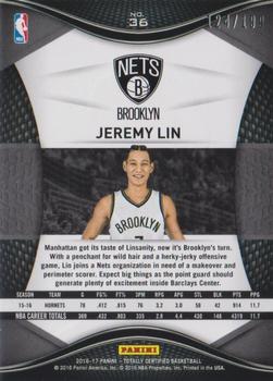 2016-17 Panini Totally Certified - Red #36 Jeremy Lin Back