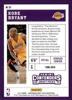 2017 Panini Contenders Draft Picks #31 Kobe Bryant Back