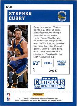 2017 Panini Contenders Draft Picks #46 Stephen Curry Back