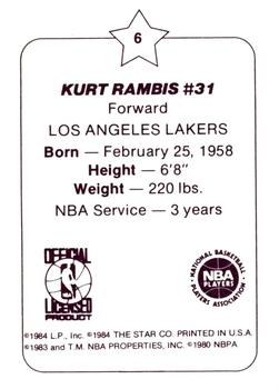 1984-85 Star Arena Los Angeles Lakers #6 Kurt Rambis Back