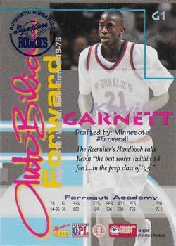 1995 Signature Rookies Autobilia - Kevin Garnett Autograph Promos #G1 Kevin Garnett Back