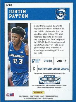2017 Panini Contenders Draft Picks - RPS College Ticket #62 Justin Patton Back