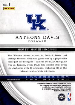 2016-17 Panini Immaculate Collection Collegiate - Platinum #3 Anthony Davis Back