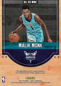 2017-18 Hoops - Rise N Shine Memorabilia #RS-MMK Malik Monk Back