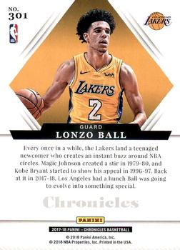 2017-18 Panini Chronicles #301 Lonzo Ball Back